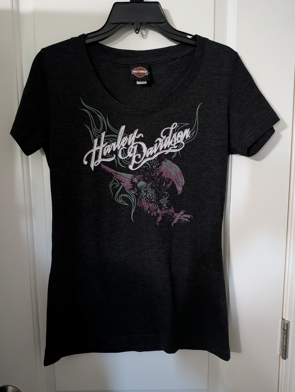 Harley-Davidson Black Tee with White Logo and Purple-Green Eagle Size Large